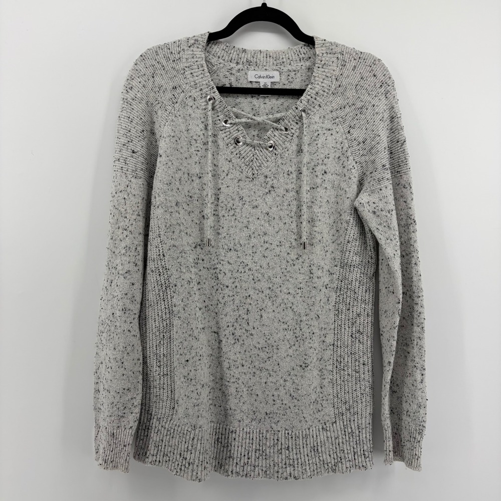 Calvin Klein Women Small Sweater Gray Audience Lace Up Marled Knit Pullover